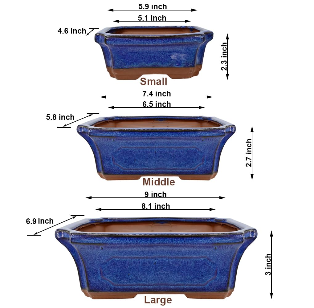 3 Pack Ceramic Rectangular Bonsai Tree Planter Pot Set 6"+7"+9", Cactus Succulent Planter Blue Glazed with Mesh Hole