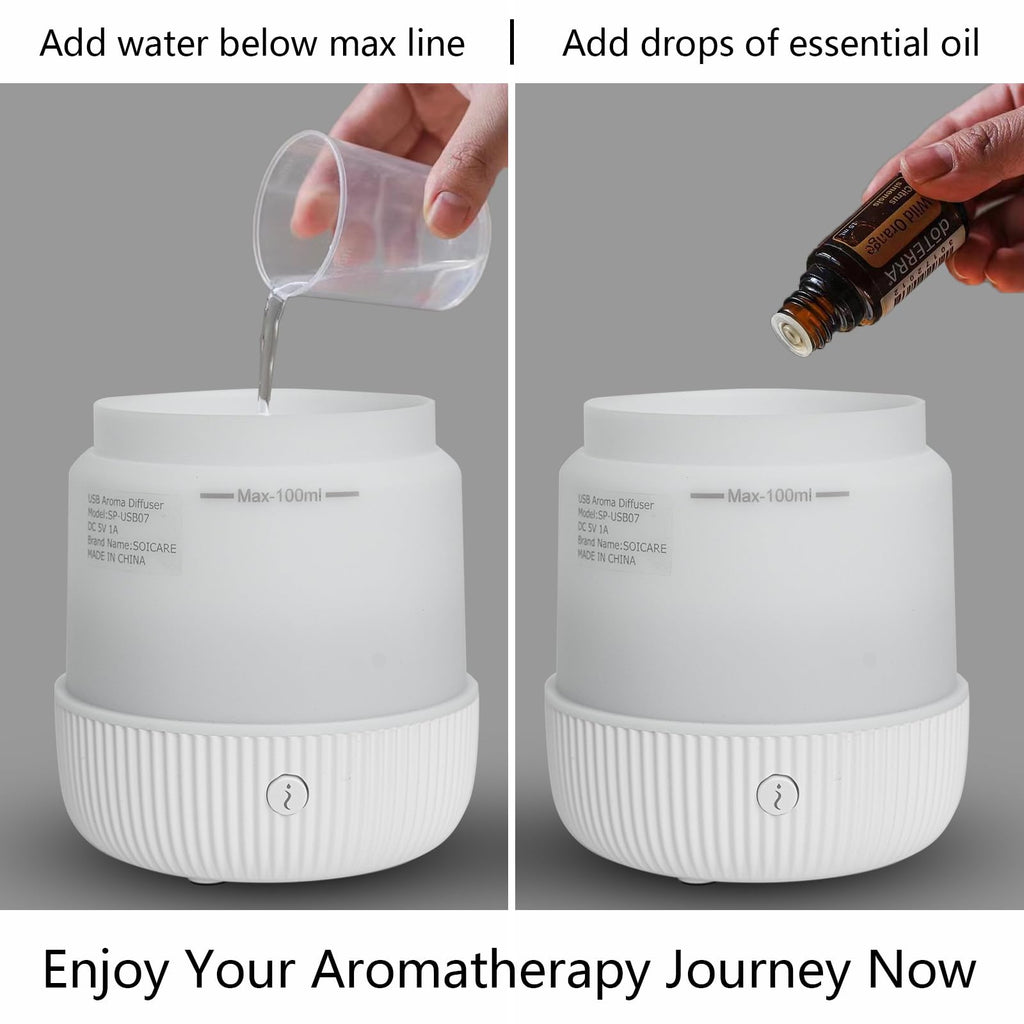 Oil Diffuser, Mini Aromatherapy with USB Cable & Adapter, 7 Colors Lights Mode Waterless Auto Off for Car Home