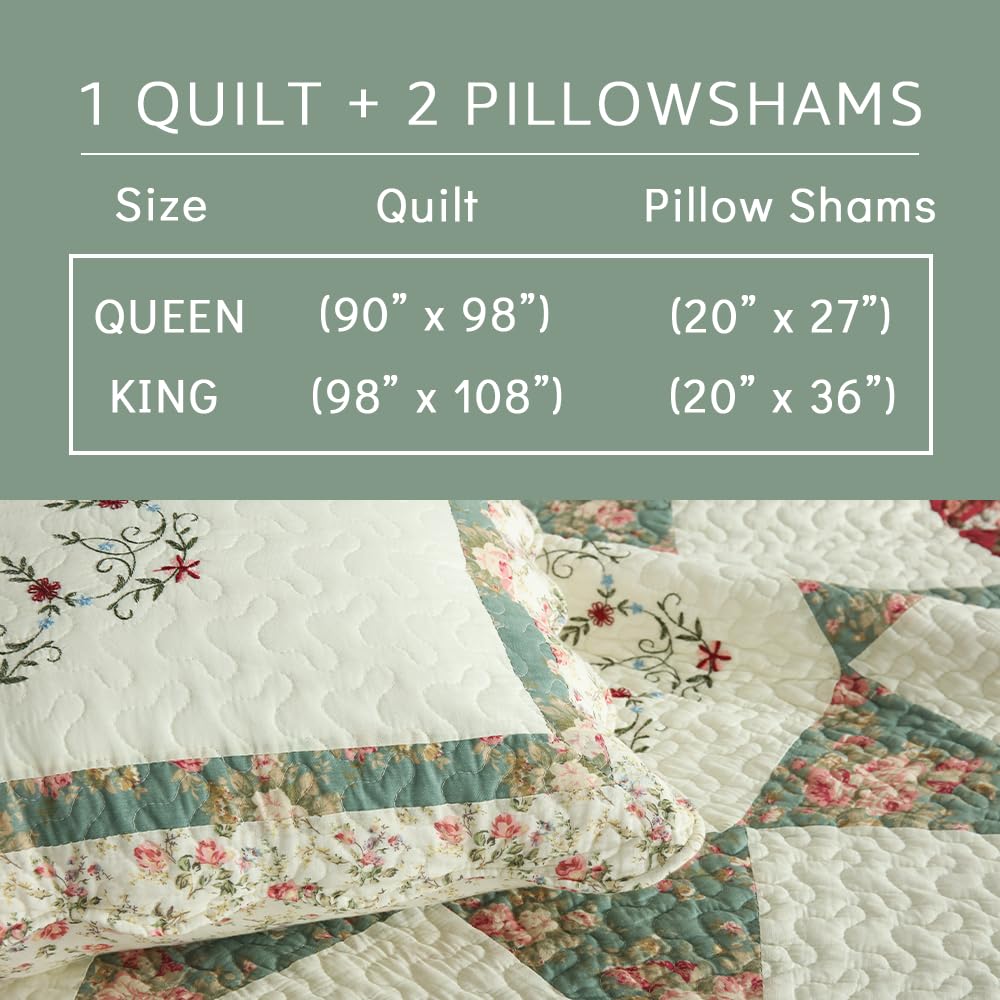 Cotton Bedspread Quilt Bedding Sets, 3 Pieces Reversible Coverlets Comforters Star with Green Floral Real Patchwork