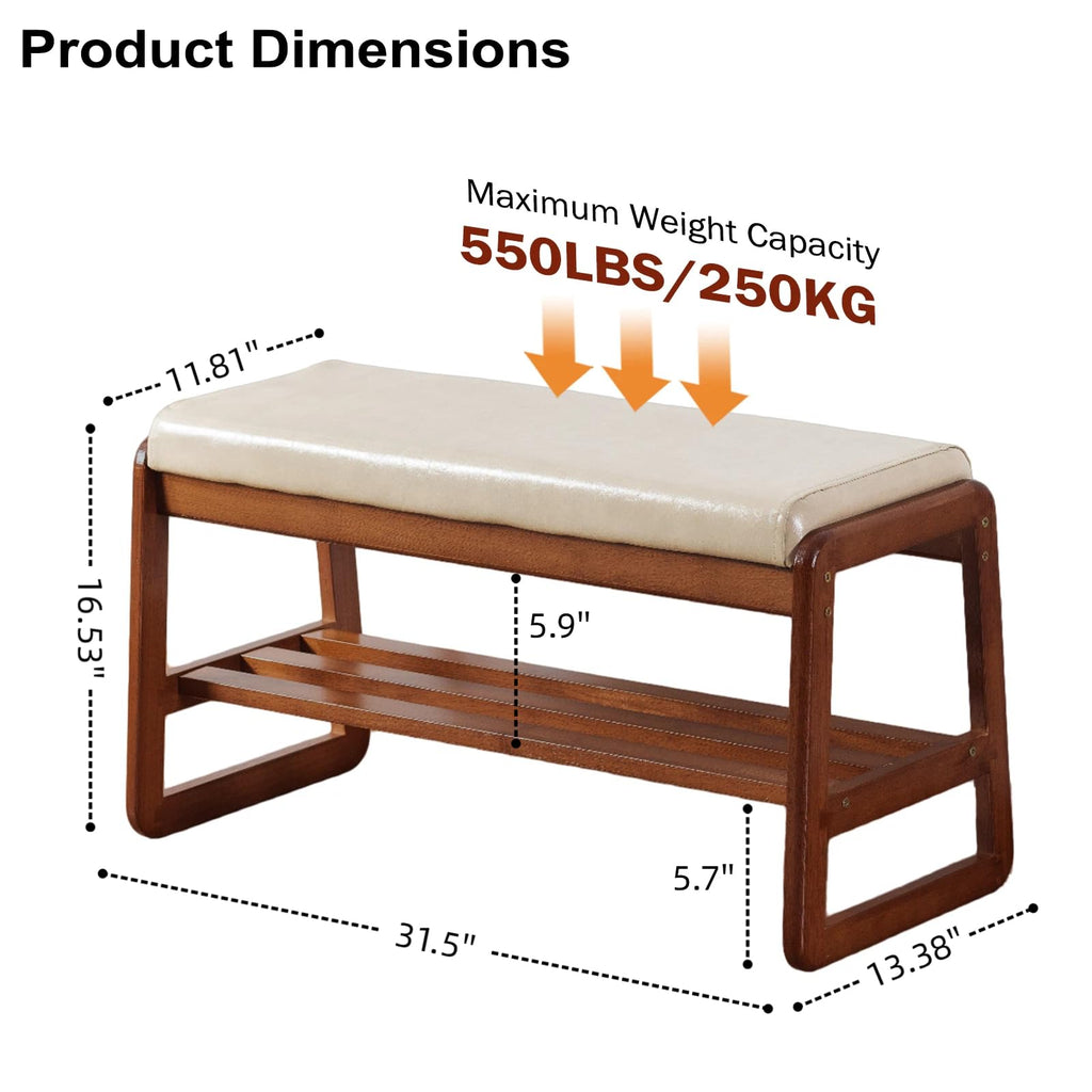 Solid Wood Shoe Bench, 2-Tier Wooden Entryway Bench, Modern Shoe Rack with Faux Leather Cushion (Gray, 31.5'')