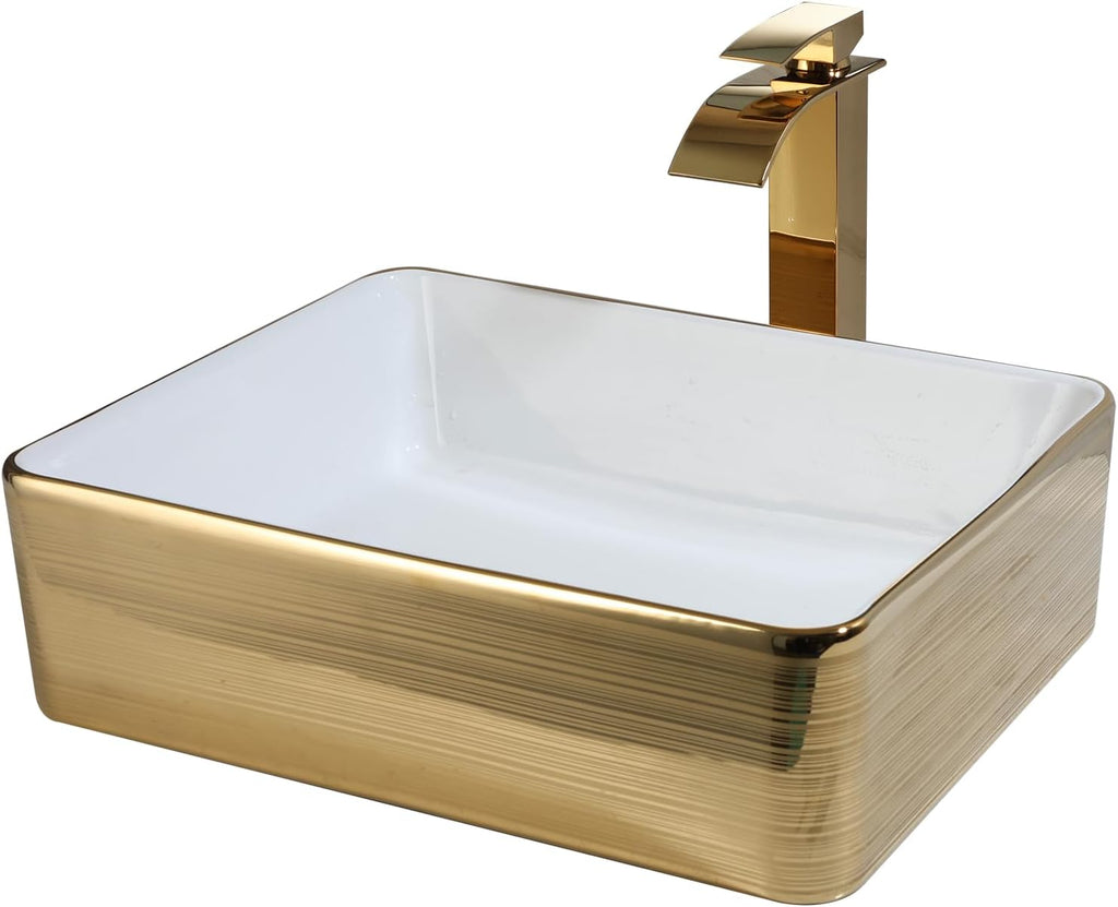 Gold Ceramic Vessel Sinks for Bathroom White Rectangle Above Counter Bathroom Vessel Sink with Faucet and Drain Combo