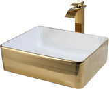 Gold Ceramic Vessel Sinks for Bathroom White Rectangle Above Counter Bathroom Vessel Sink with Faucet and Drain Combo