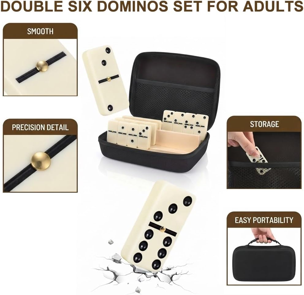 Dominos Set for Adults Double 6 Dominoes Set Domino Game with 4 Wooden Racks and Carrying Case 28 Tiles Classic
