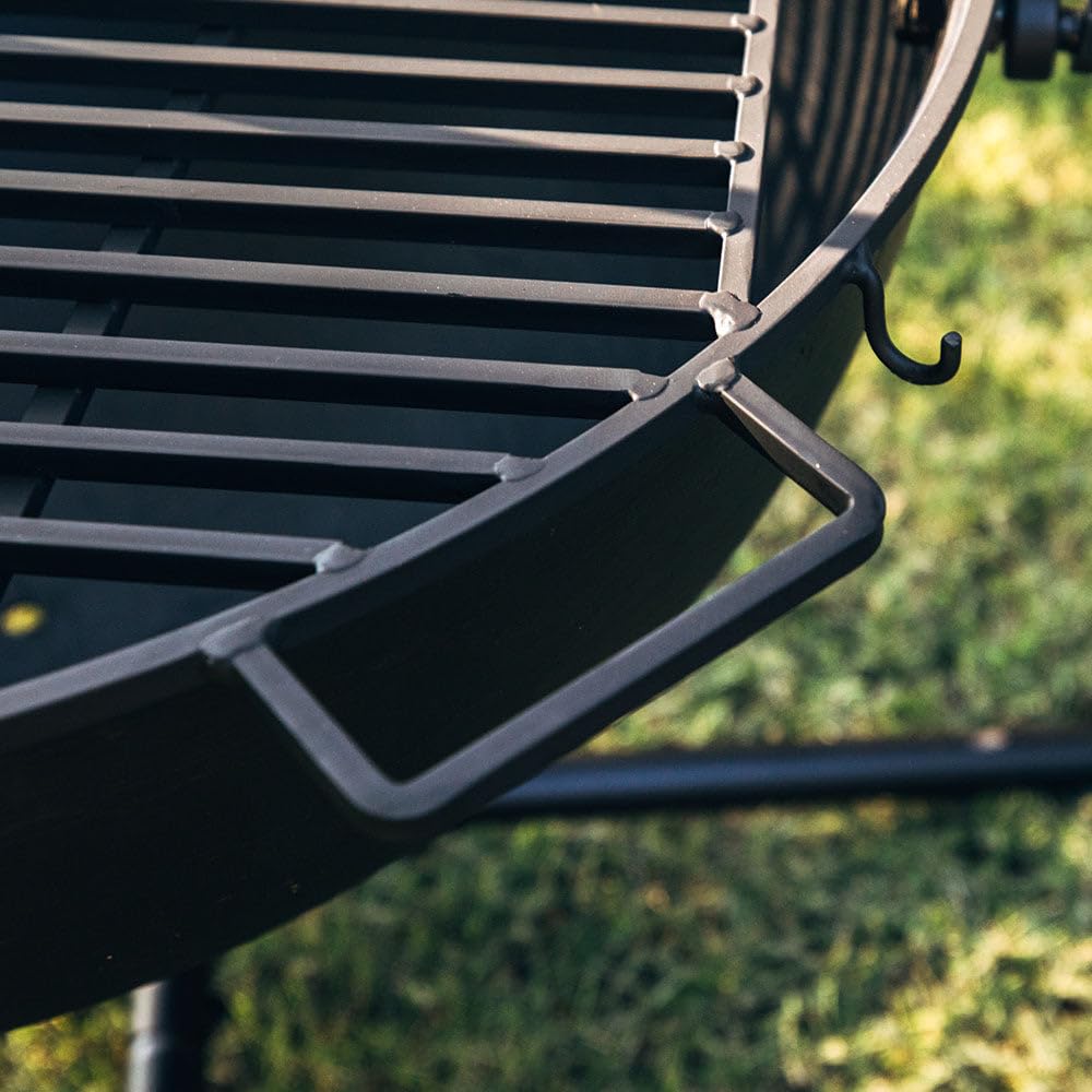 Ash & Ember 30" Cast Iron Cauldron Fire Pit Bowl with Double Hinged Grill Grate-Easy-Lift Handles & Handing Chain