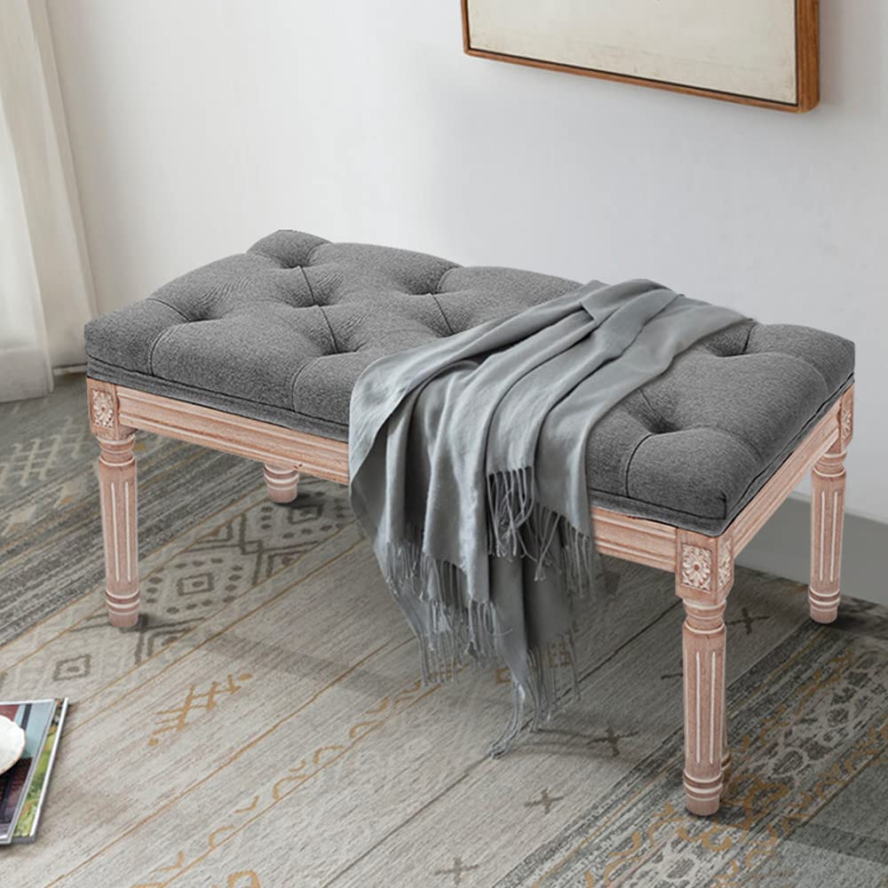31.5 Inch Fabric Upholstered Entryway Ottoman Bench - Classic Bedroom Bench with Rustic Wood Legs, Set of 1, Dark Grey