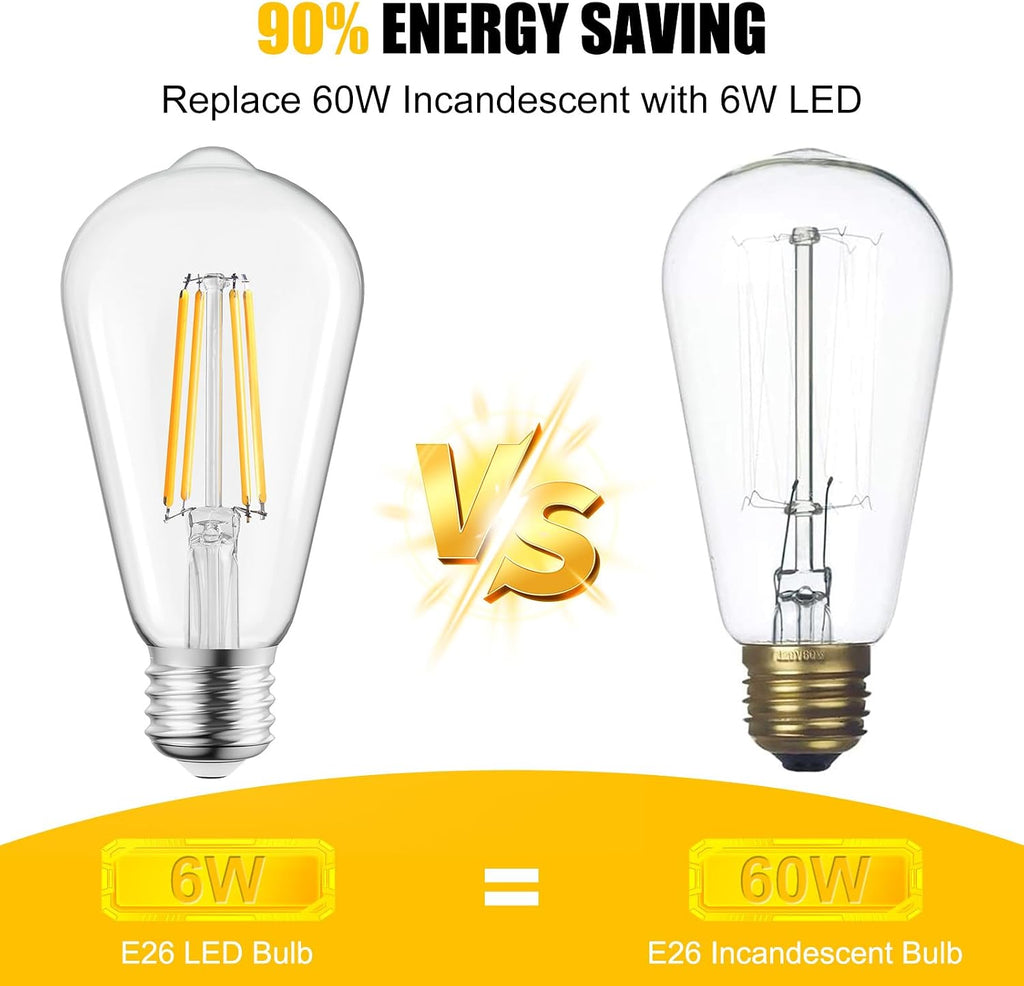 6Pack Edison Light Bulbs, E26 Base 2700K Warm White,Non-Dimmable