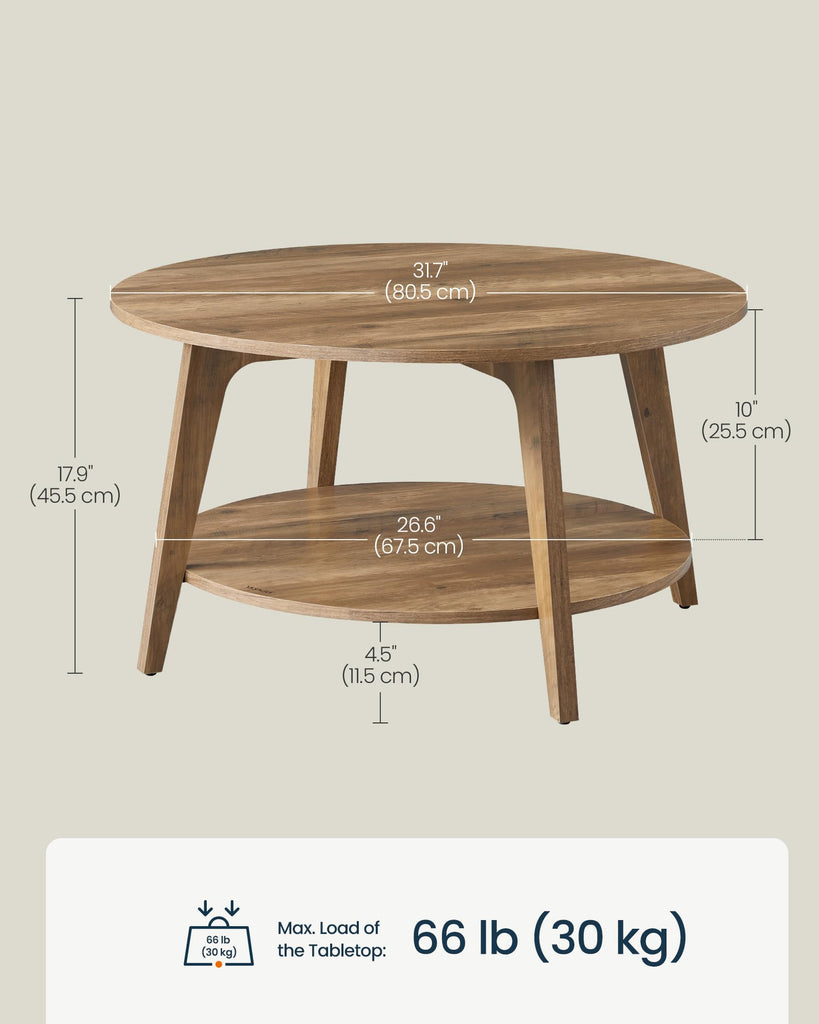 Round Coffee Table, 2 Tier Living Room Center Table, Mid Century Modern Charm, Brown