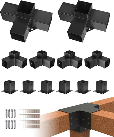 Pergola Kit, 4x4 Inch Pergola Brackets for 3.5x3.5 Inch Wood Beams in Actual Dimension, 3-Way (4 Pcs) and 4-Way (2 Pcs) Gazebo Brackets with 6 Post Bases, for Outdoor Pergolas, Gazebos, Sheds