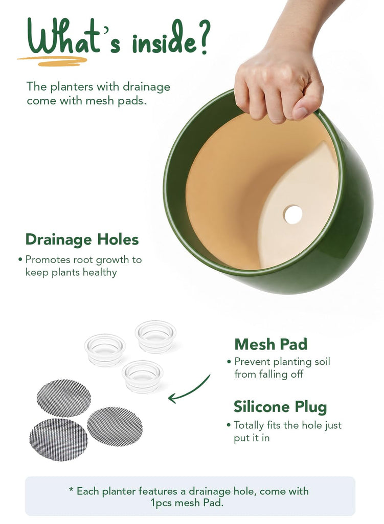 6, 8 & 10 Inch Ceramic Planter Set for Indoor Plants, Bamboo Green