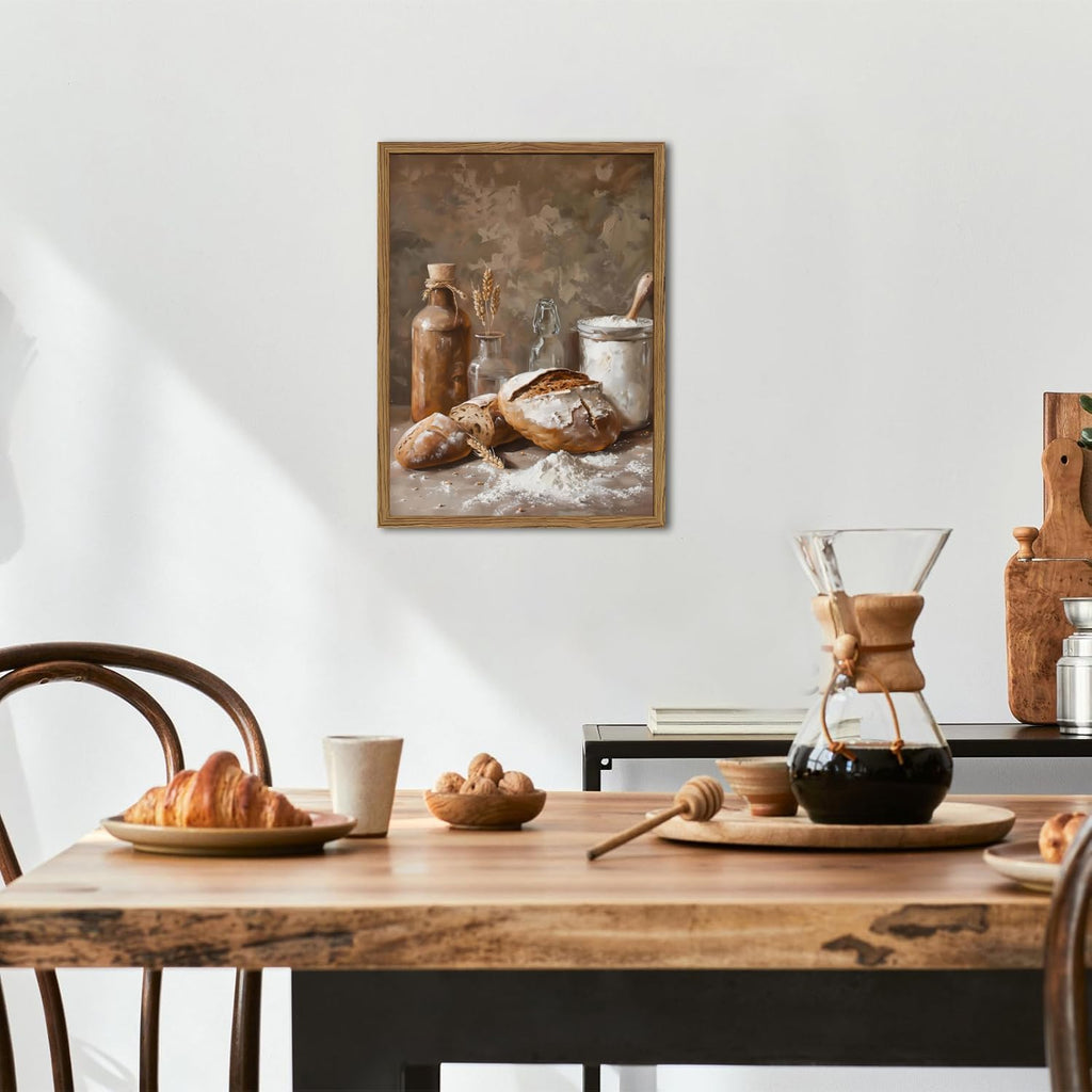 Framed Vintage Kitchen Wall Art, Rustic Bread and Flour Pictures Wall Decor Paintings, Farmhouse Food Poster Canvas