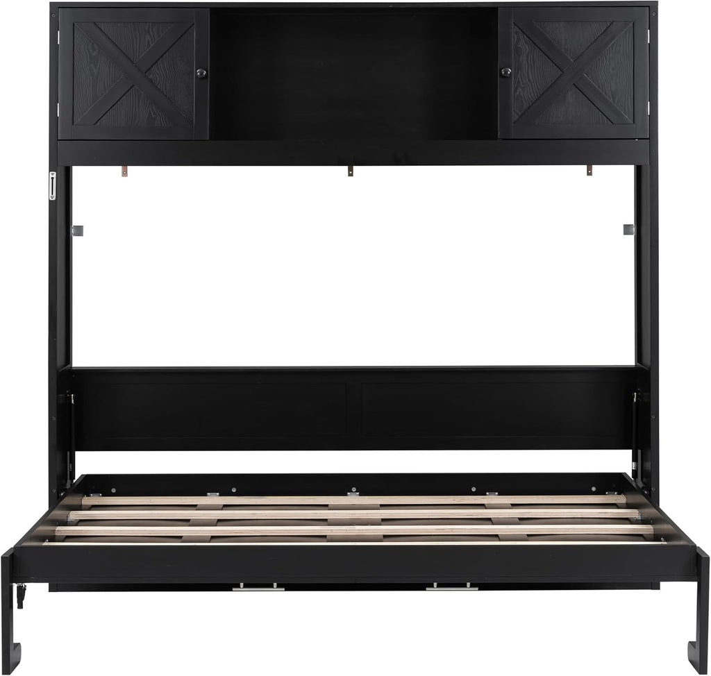 Queen Murphy Bed with Storage Cabinets, Wood Murphy Bedframe with Bookcase Shelves, Folding Wall Bed Cabinet for