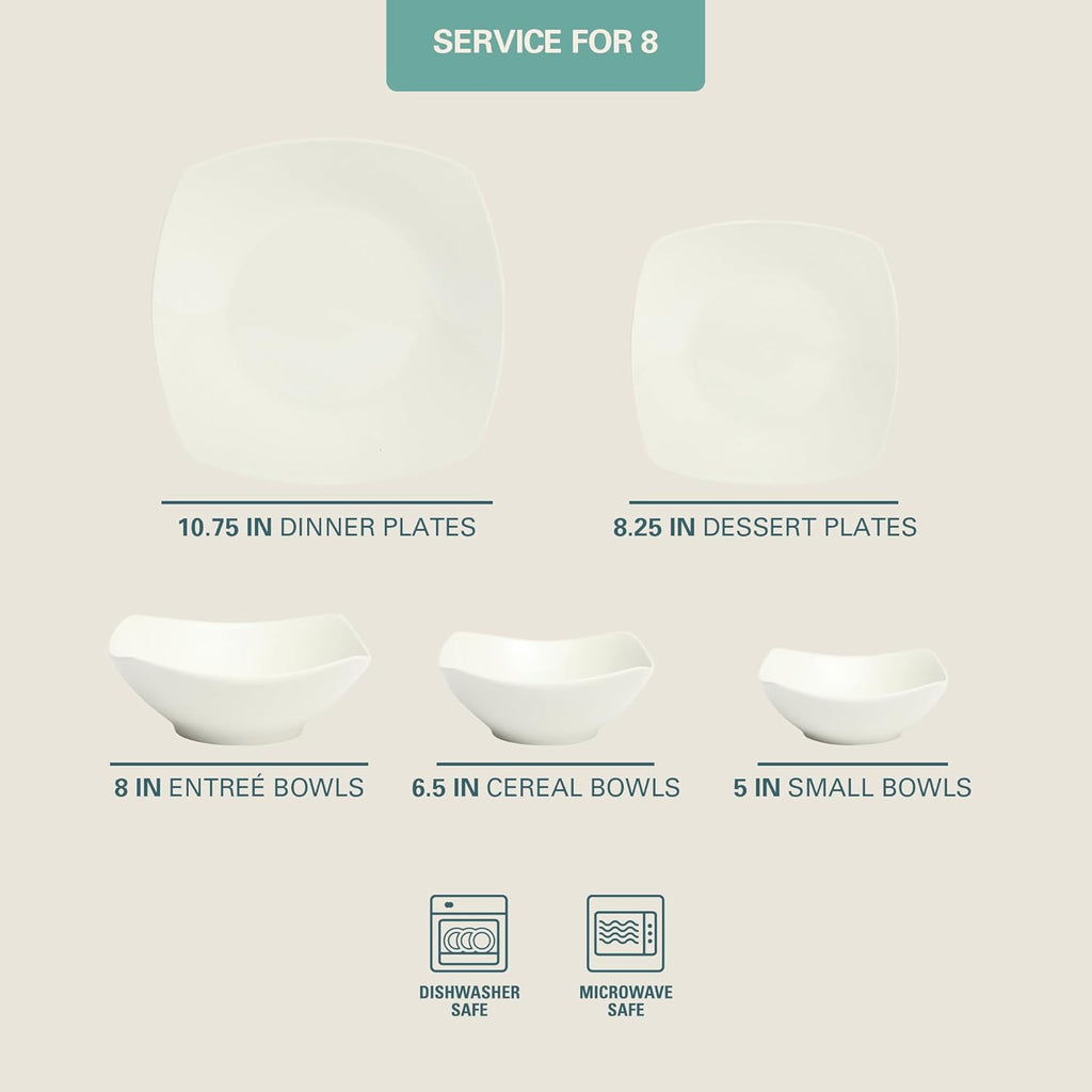 Brentwood 40-Piece Dinnerware Set - Square White Porcelain Plates and Bowls, Service for 8