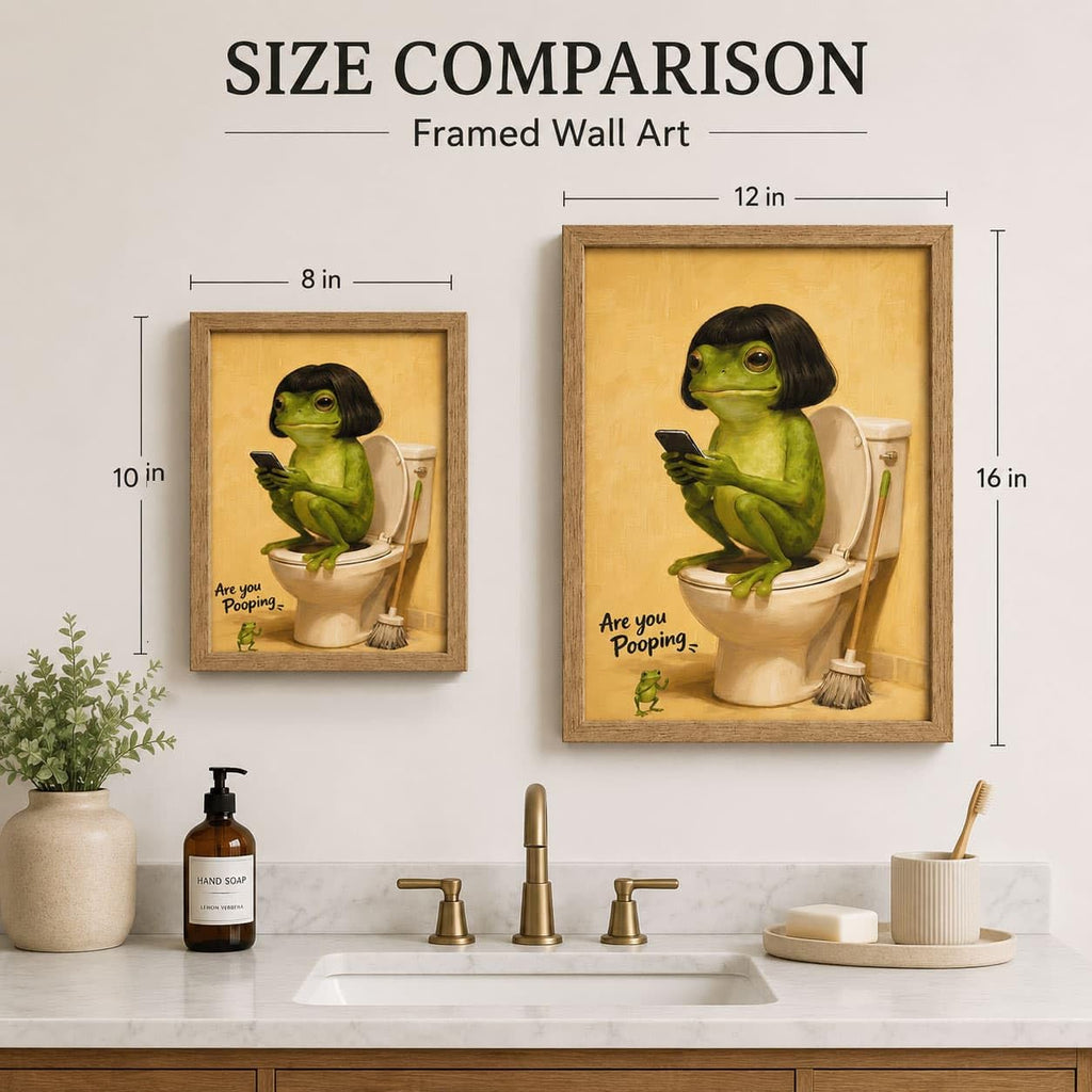 Framed Funny Bathroom Wall Art - Whimsical Retro Frog on Toilet Canvas Print, Humorous Animal Bathroom Decor - Easy