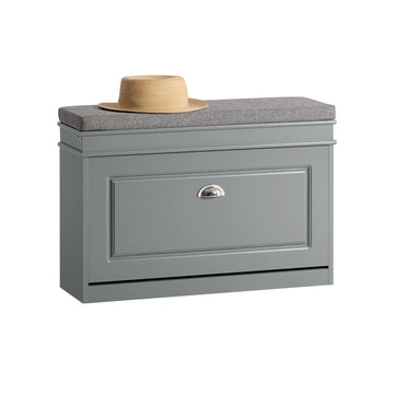 Shoe Storage Bench with Cushion, Grey Narrow Shoe Rack, Small Shoe Cabinet with Flip-Drawer, Closet Hallway Mudroom