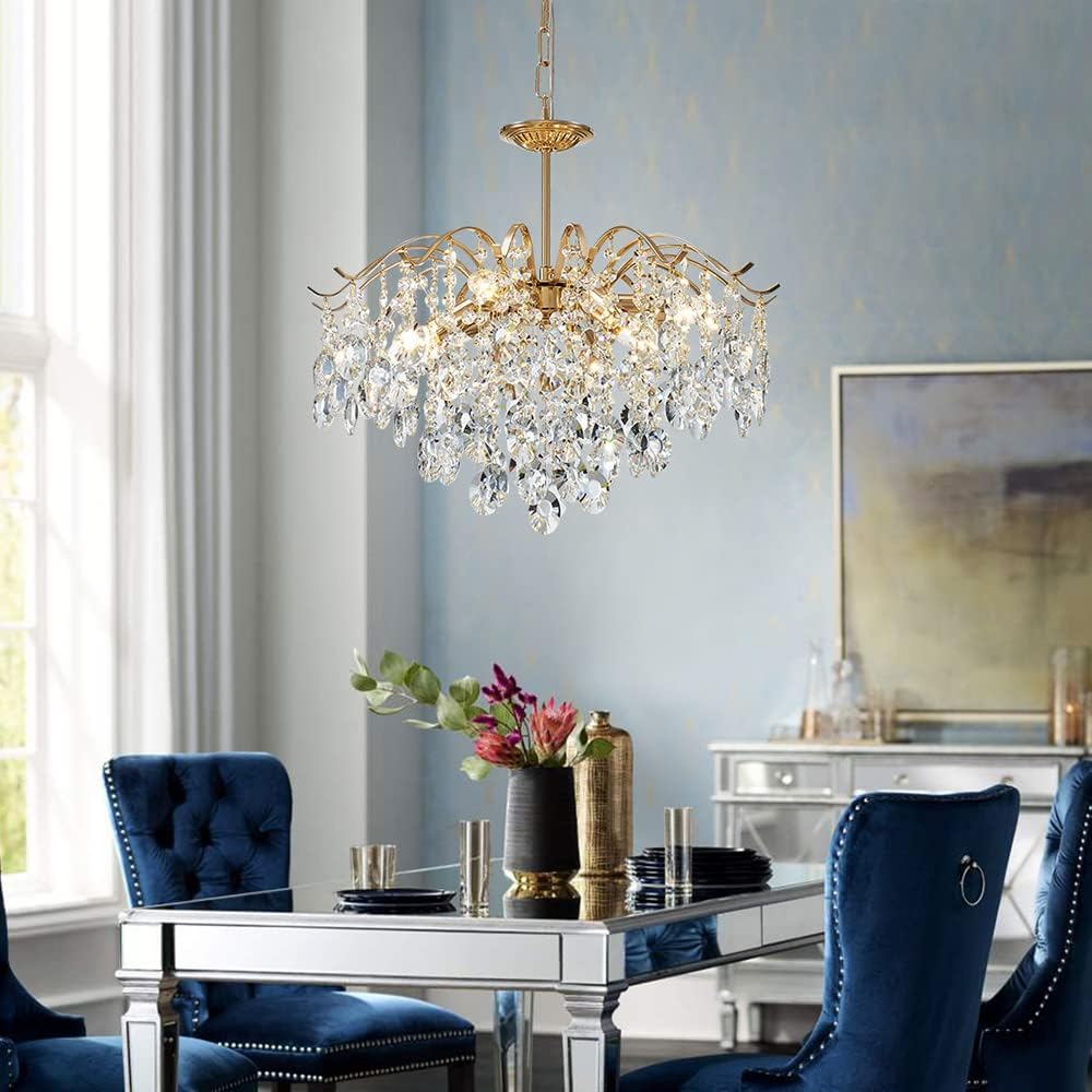 6-Light Gold Crystal Chandeliers, Middle Century Dining Room Light Fixture, Modern Pendant Light for Living Room, D20 x H17, Adjustable Chains 59", Chopper Finish Metal Frame A100-B0C1JJHV3G