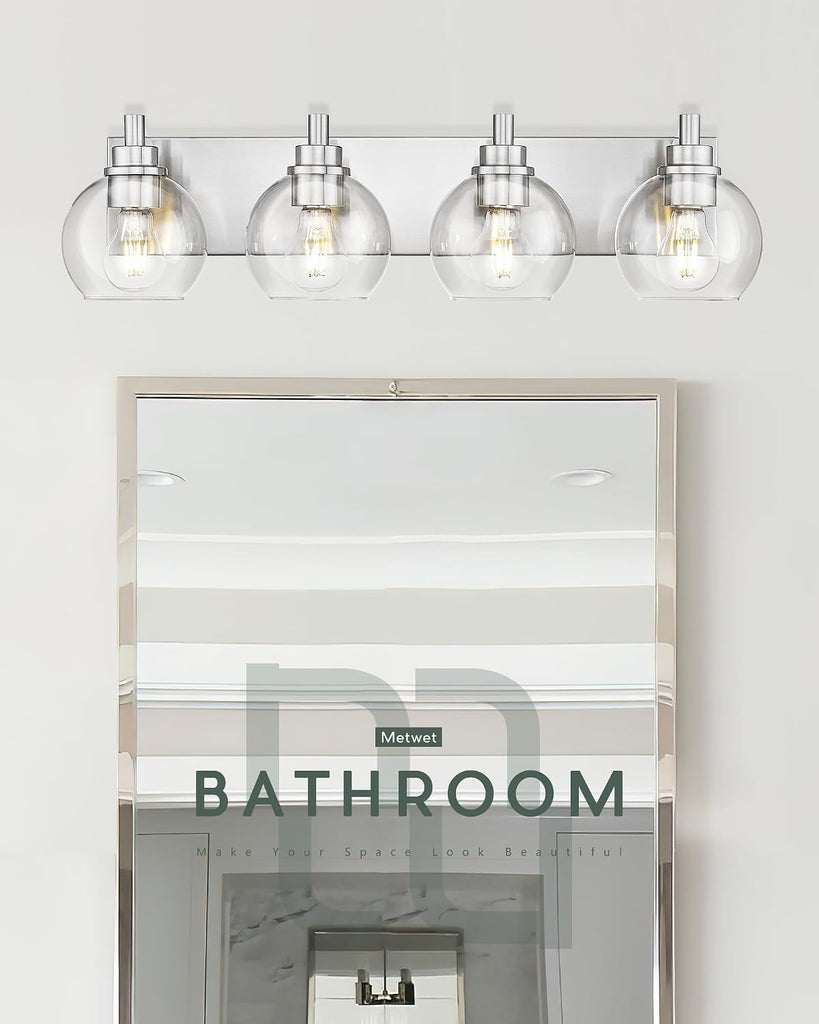 4-Light Brushed Nickel Bathroom Vanity Light, Clear Glass Globes | 26" modern bathroom light fixtures over mirror