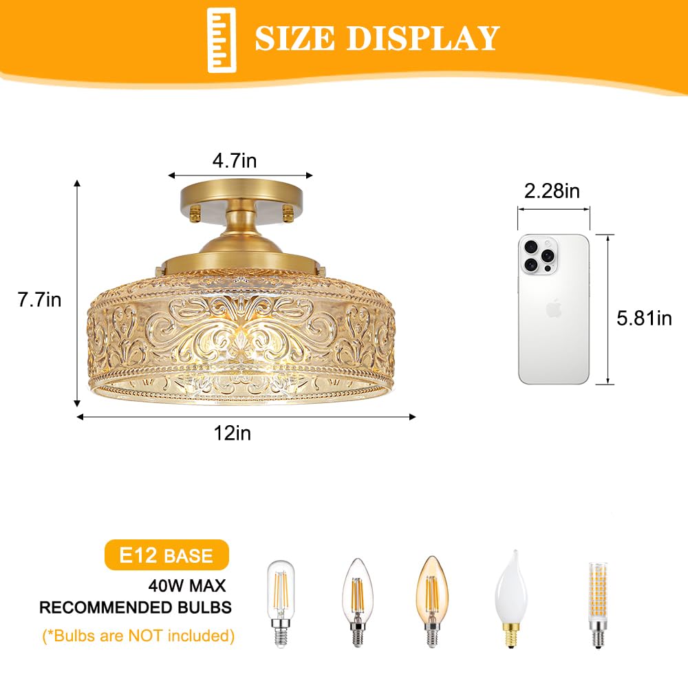 Gold Semi Flush Mount Ceiling Light, 3-Light Close to Ceiling Light with Amber Glass, Vintage Hallway Lights, Brass