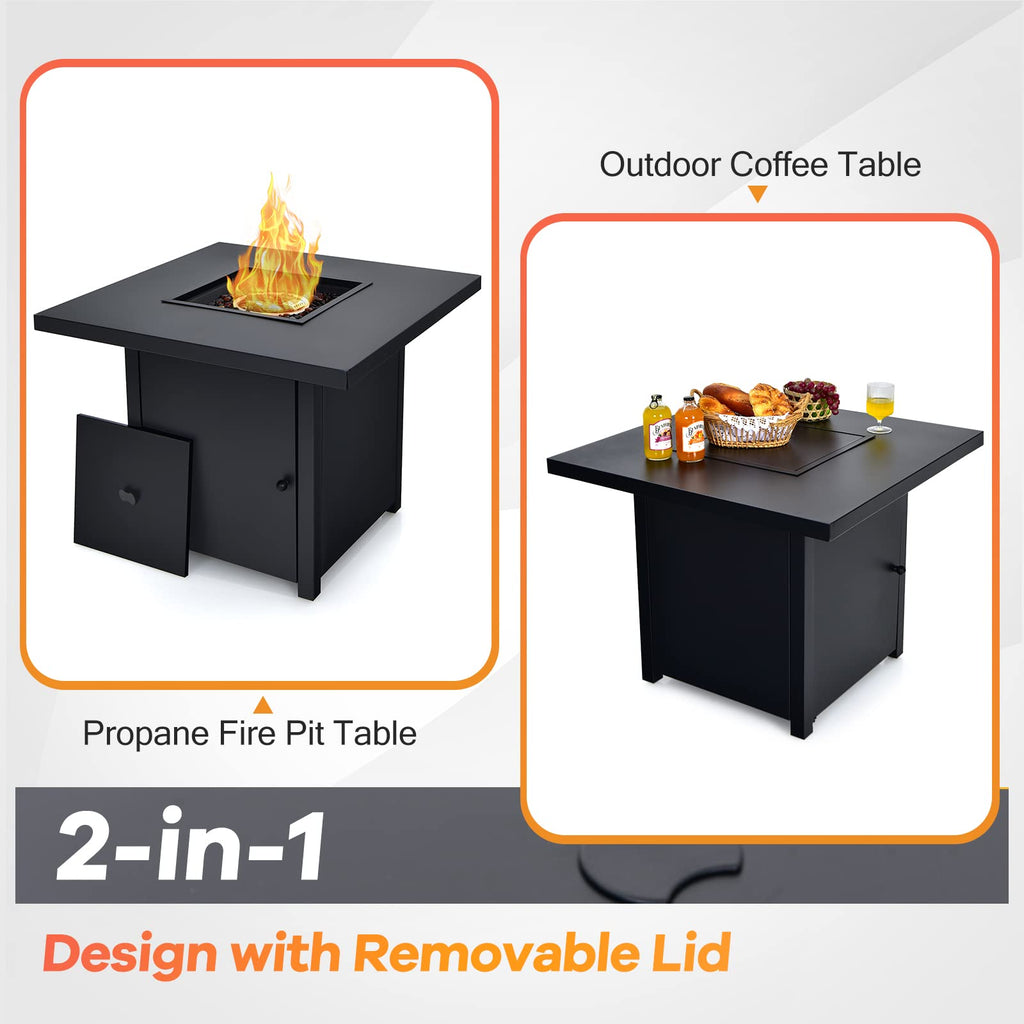 32-Inch Propane Fire Pit Table, 40000 BTU Square Gas Firepit Table with Lid, Fire Glass and Adjustable Flame, CSA
