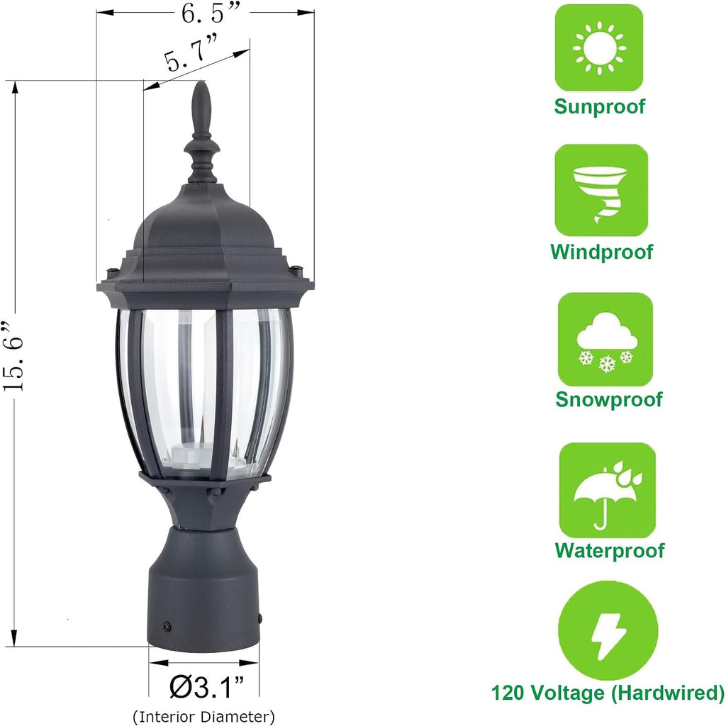 LED Outdoor Post Light, 15.6'' Aluminum Waterproof Pole Lantern, 3000K Warm White, 9.5W 800LM