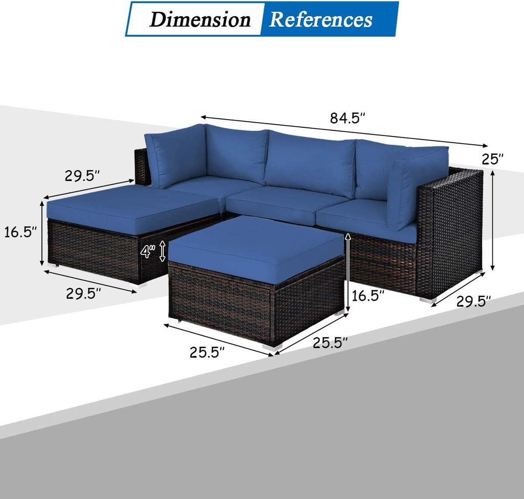 5 Piece Outdoor Patio Furniture Set, Wicker Sectional Rattan Sofa with Cushions, Ottomans and Coffee Table - Navy Blue