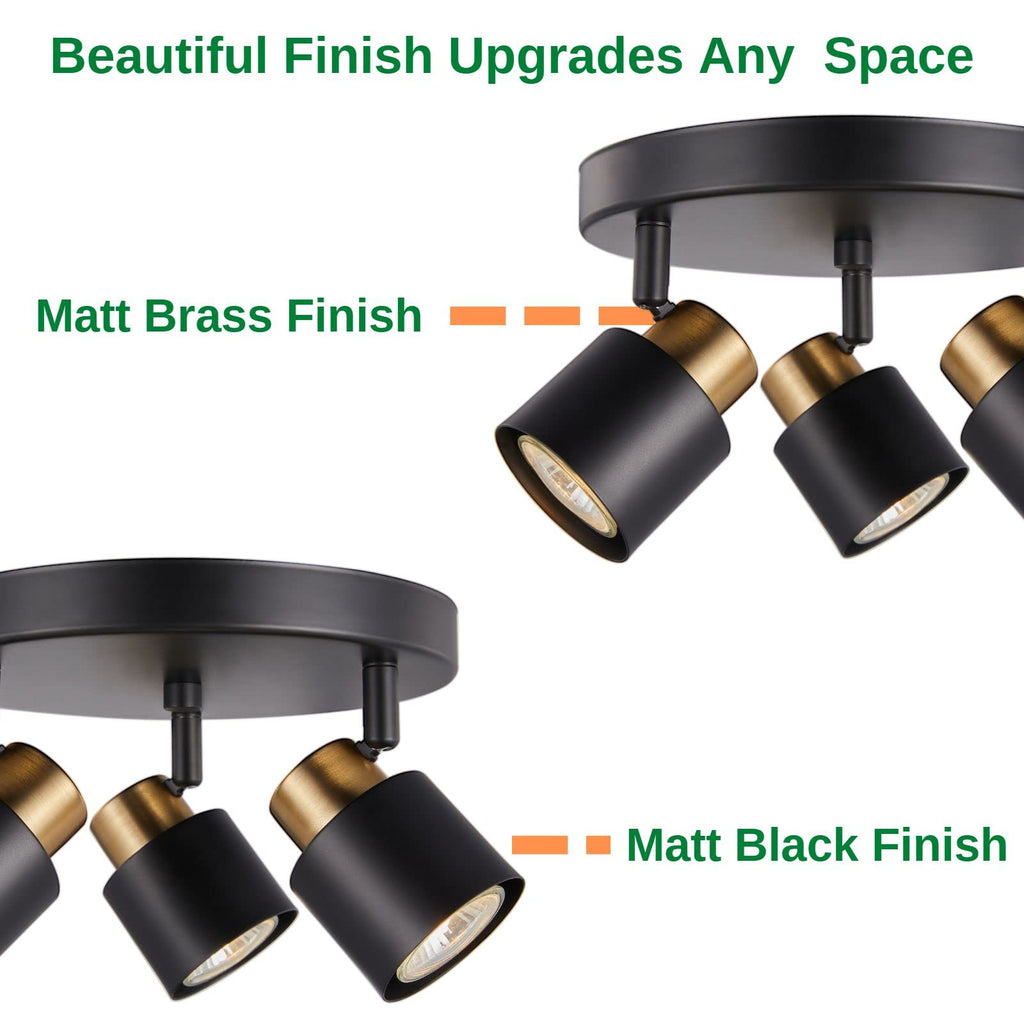3 Light Track Lighting Kit, Matt Black Brass Finish Canopy with Moden Flush Mount Ceiling Spotlight,Dining,Living