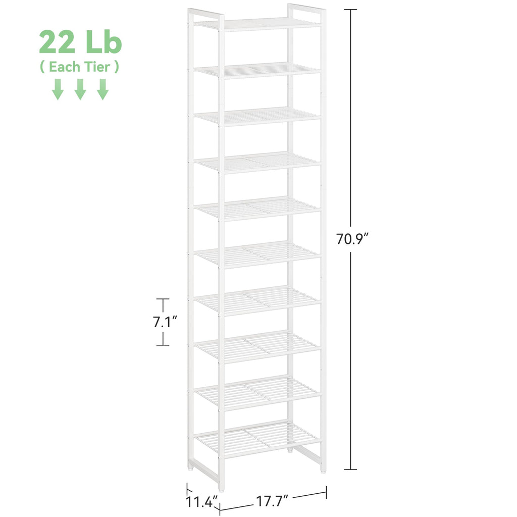 Narrow Shoe Rack, 10-Tier Metal Shoe Organizer, Tall Shoe Shelf with Anti-Tip Strap, Max Holds 22 Pairs, Space Saving