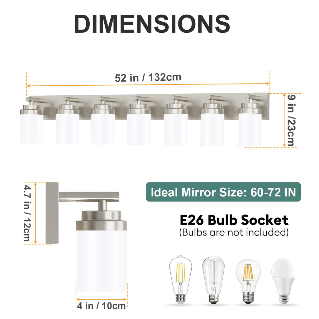Bathroom Vanity Light Fixture, 7-Light 52 inch Brushed Nickel Bathroom Light Fixtures Over Mirror, with White Glass