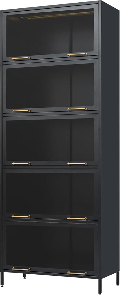 76.75'' Tall 5-Tier Iron Barrister Bookcase, Display Cabinet with LED Strips, Flip-Up Slide-In Glass Doors & Vintage