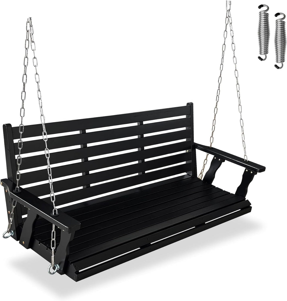 Wooden Porch Swing, Ergonomic Seat, Bench Swing with Hanging Chains and 7mm Springs, Heavy Duty 880 LBS, for Outdoor