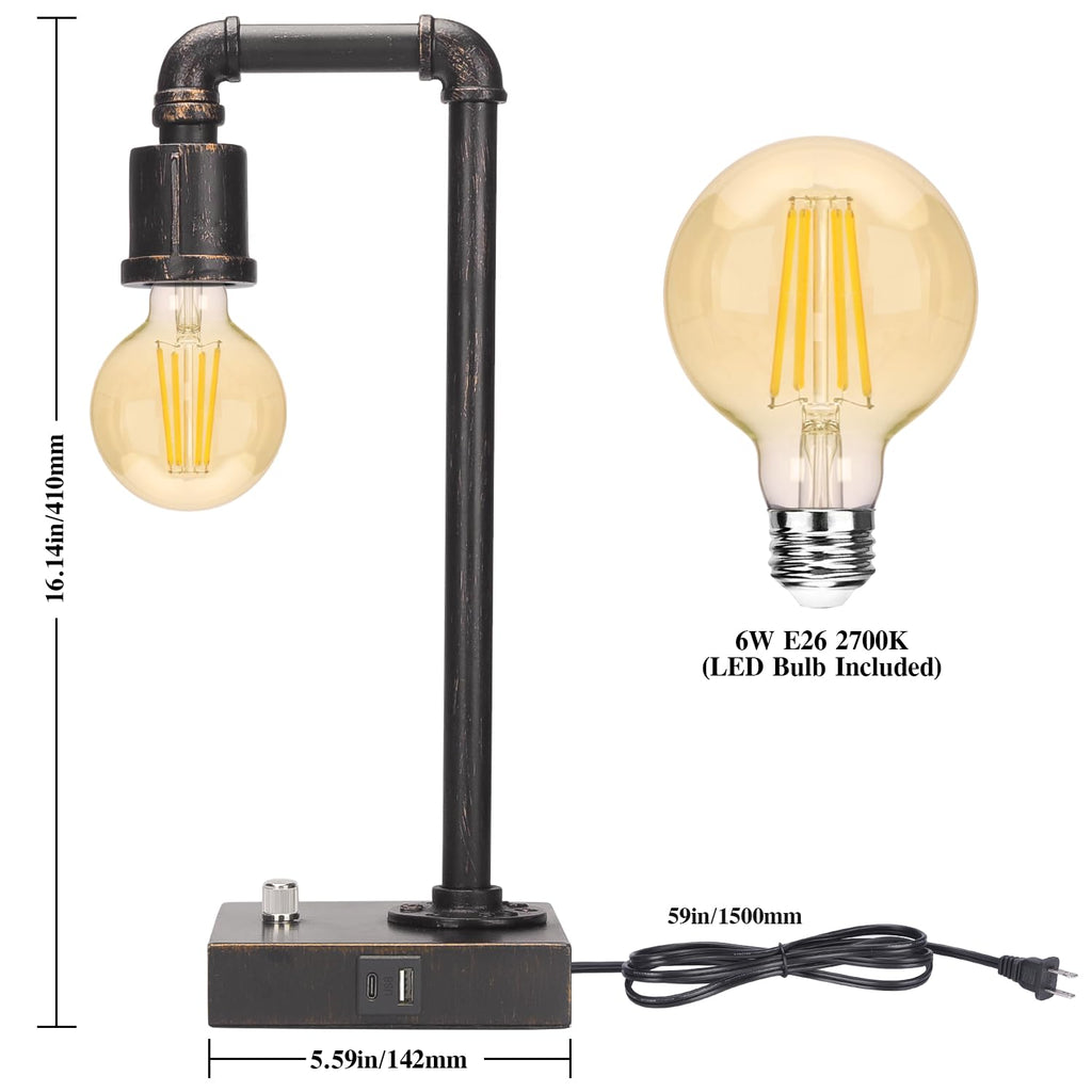 Industrial Table Lamp, Vintage Bedside Lamp with USB C and USB A Charging Ports, Dimmable Steampunk Office Lamp Metal