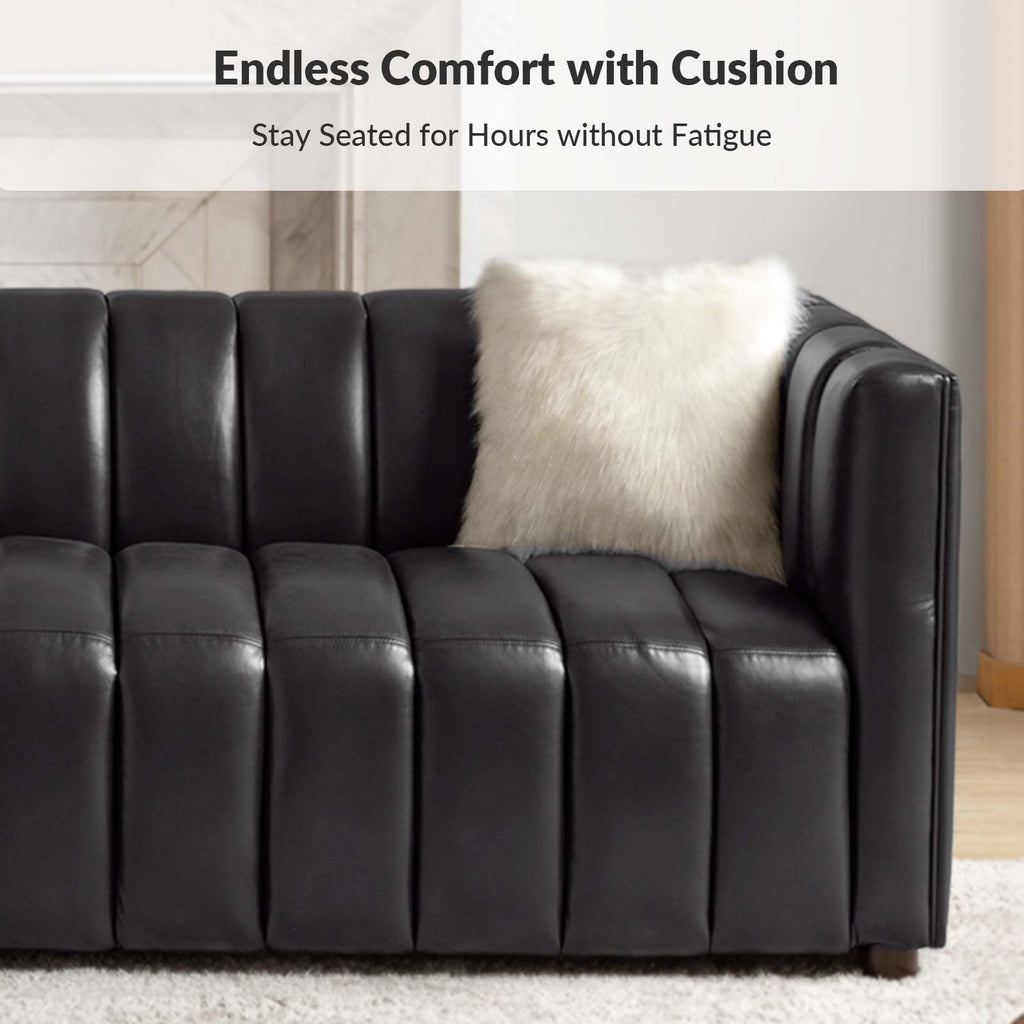 83" Genuine Leather Sofa with Channel Tufted Design, Black