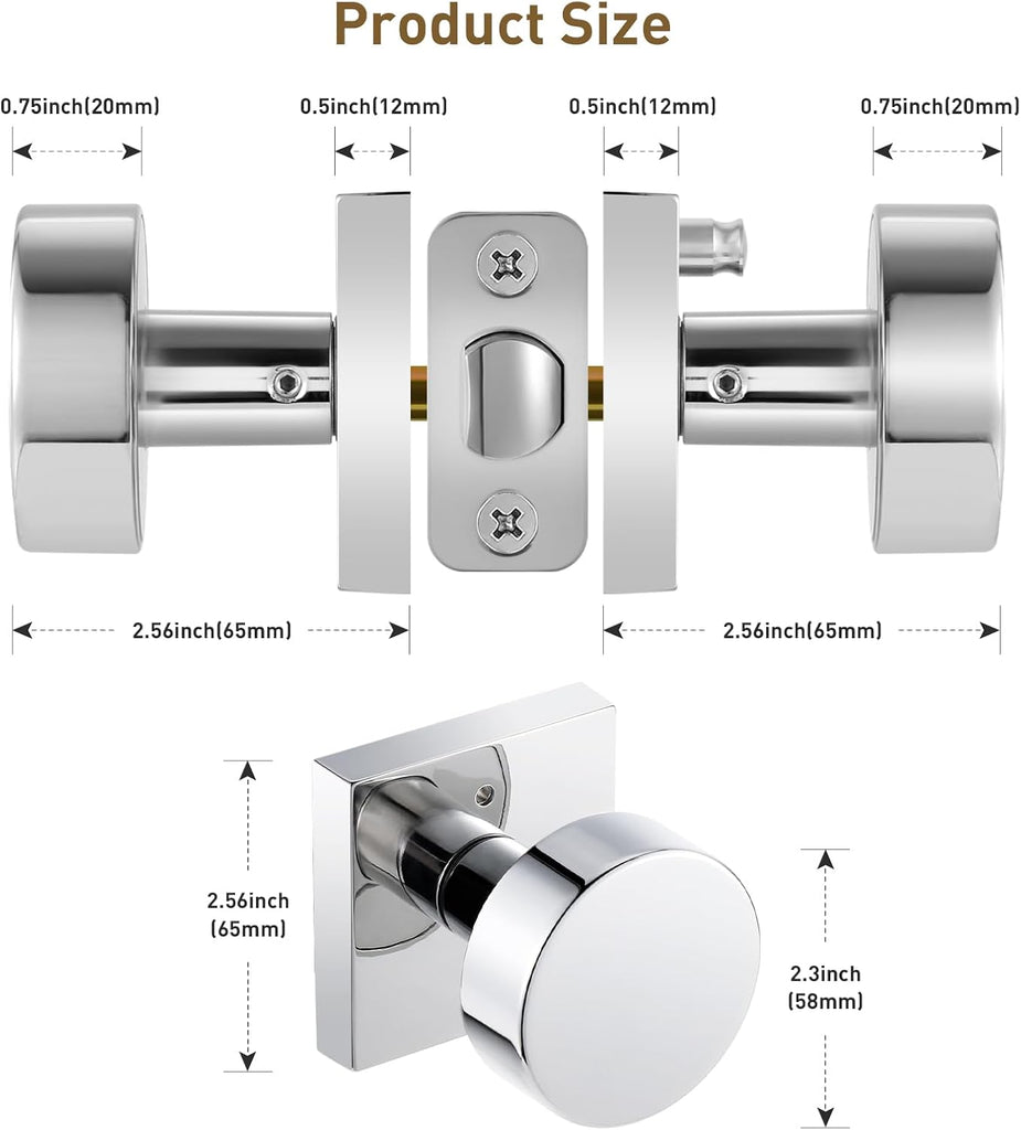 Polished Chrome Door Knobs Interior, Polished Chrome Privacy Door Knob with Lock, Heavy Duty Square Modern Door
