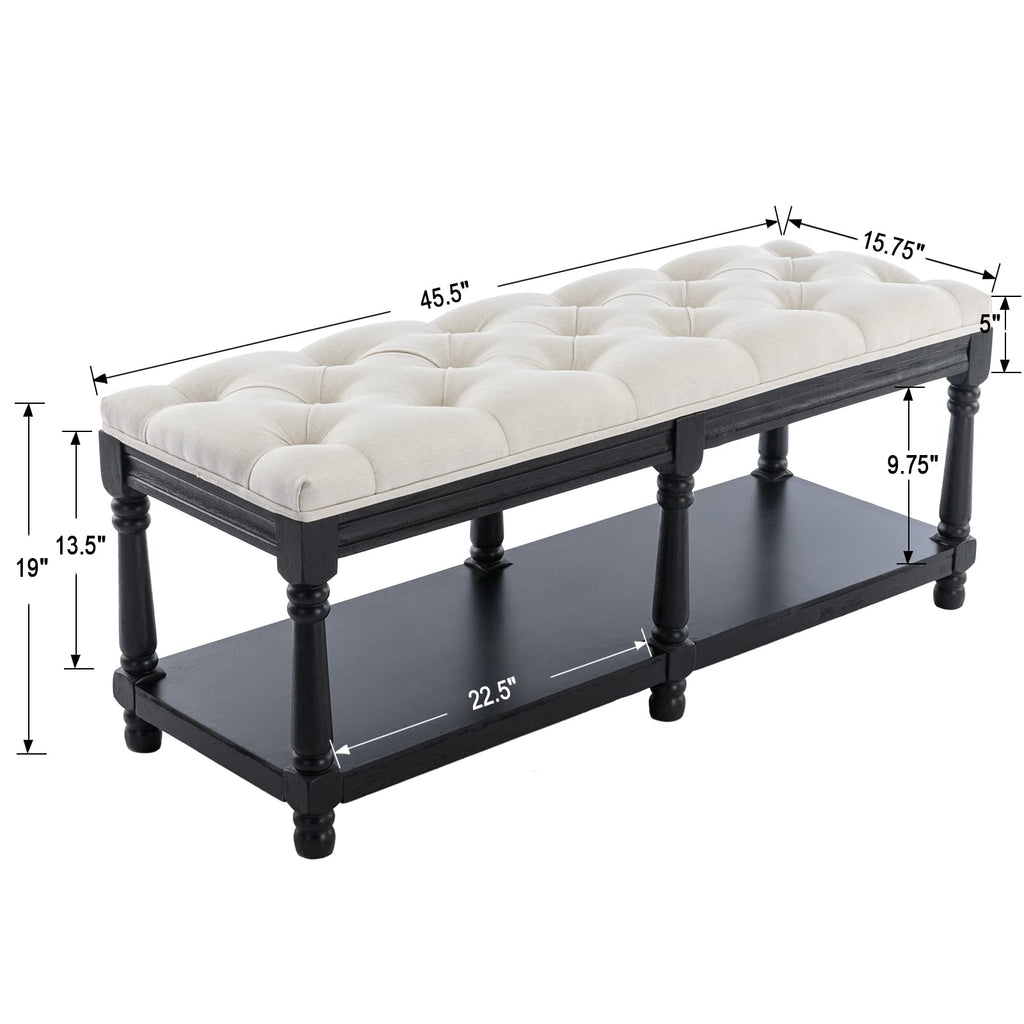 Mid-Century Tufted Storage Bench with Shelf, Linen Upholstered Farmhouse Entryway Shoe Bench Ottoman Bed End Stool