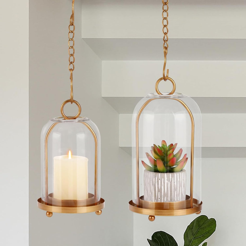 Vintage Brass Metal Candle Lantern with Thick Glass Dome - Set of 2 Shabby Chic Style Candle Holders (5.25"x10" &