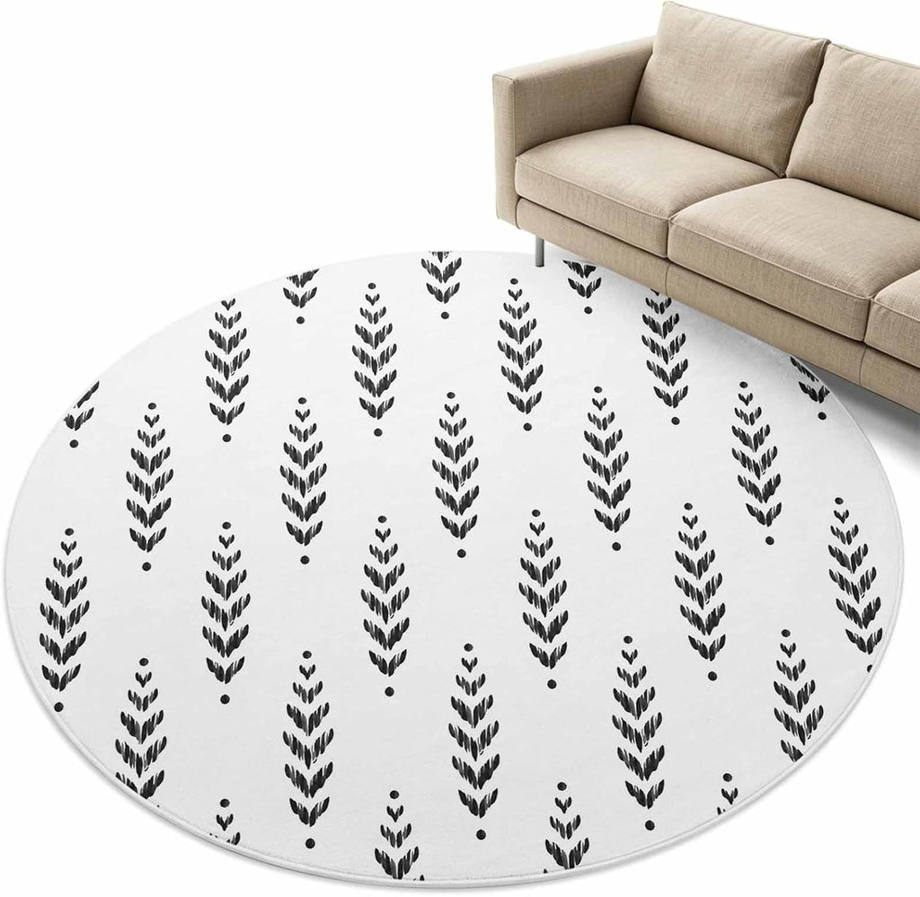 Modern Scandi Botanical Leaves 3ft Round Rug,Washable Area Rugs Minimalist Black Leaf on White Soft Circle Indoor