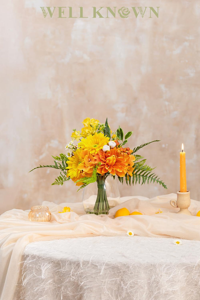 Artificial Flowers in Vase with Fake Water, Faux Silk Orange Yellow Flower
