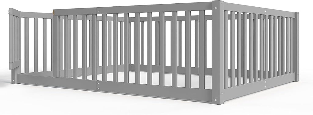 Full Size Kids Montessori Floor Bed with Door,Solid Wood Floor Bed Frame with High Fence for Girls,Boys,Gray