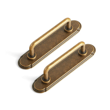 Antique Brass Cabinet Pulls with Backplate, 3 Inch Hole Centers, 2 Pack Vintage Transitional Drawer Handles, Zinc