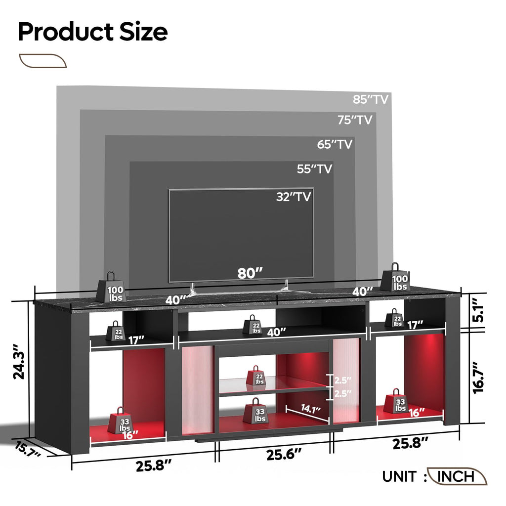 80 Inch TV Stand for 85 Inch TVs, Modern Open Entertainment Center with LED Lights & Adjustable Shelves, Media