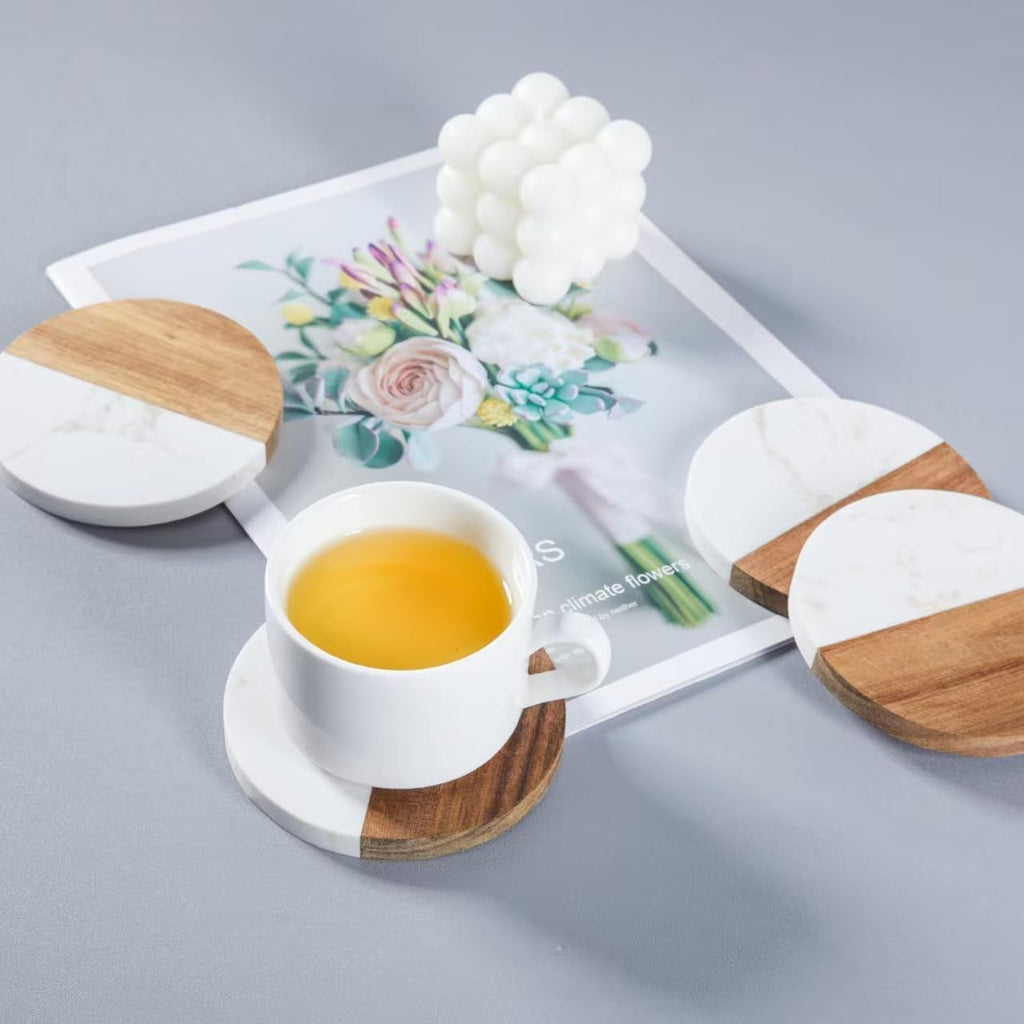 Coasters for Drinks,Marble-Wood Spliced Coaster for Tabletop Protection,Cup Holder Coasters for Multiple Cup - Set of 4