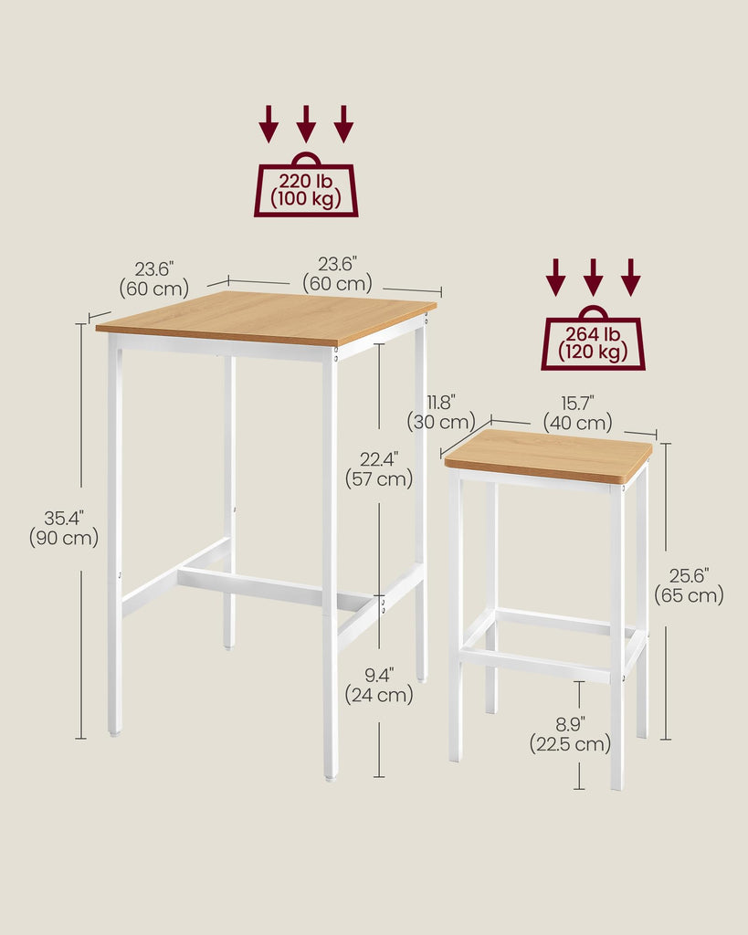 Bar Table and Chairs Set, Square, with 2 Stools, Space Saving