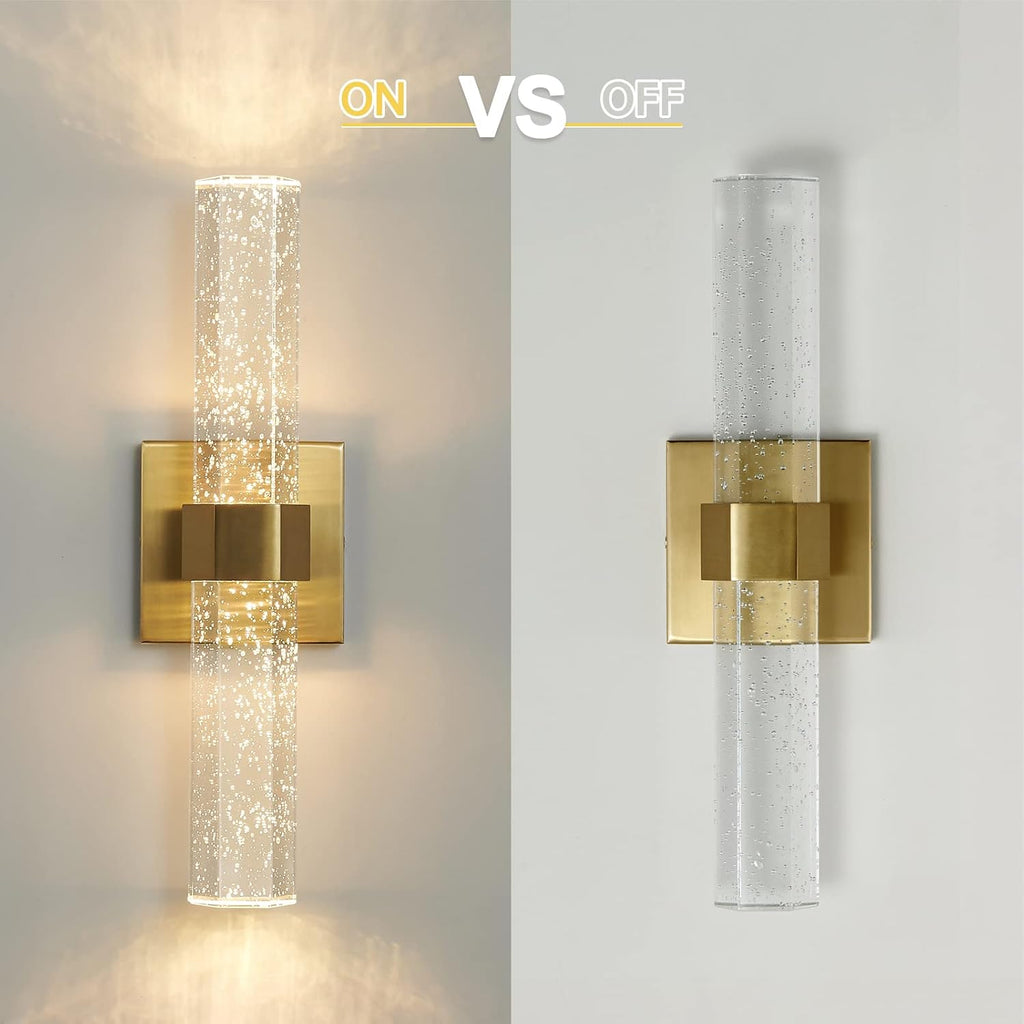 Gold Wall Sconces Set of Two - Bathroom Sconces Wall Lighting 14W Dimmable LED Crystal Wall Light with Bubble Glass