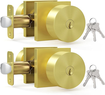 Exterior Entry Door Knob with Lock and Key, Brushed Gold Bedroom Lock