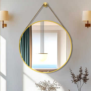 Hanging Strap Wall Mirror: 23.6in Round Bathroom Mirror Gold Frame