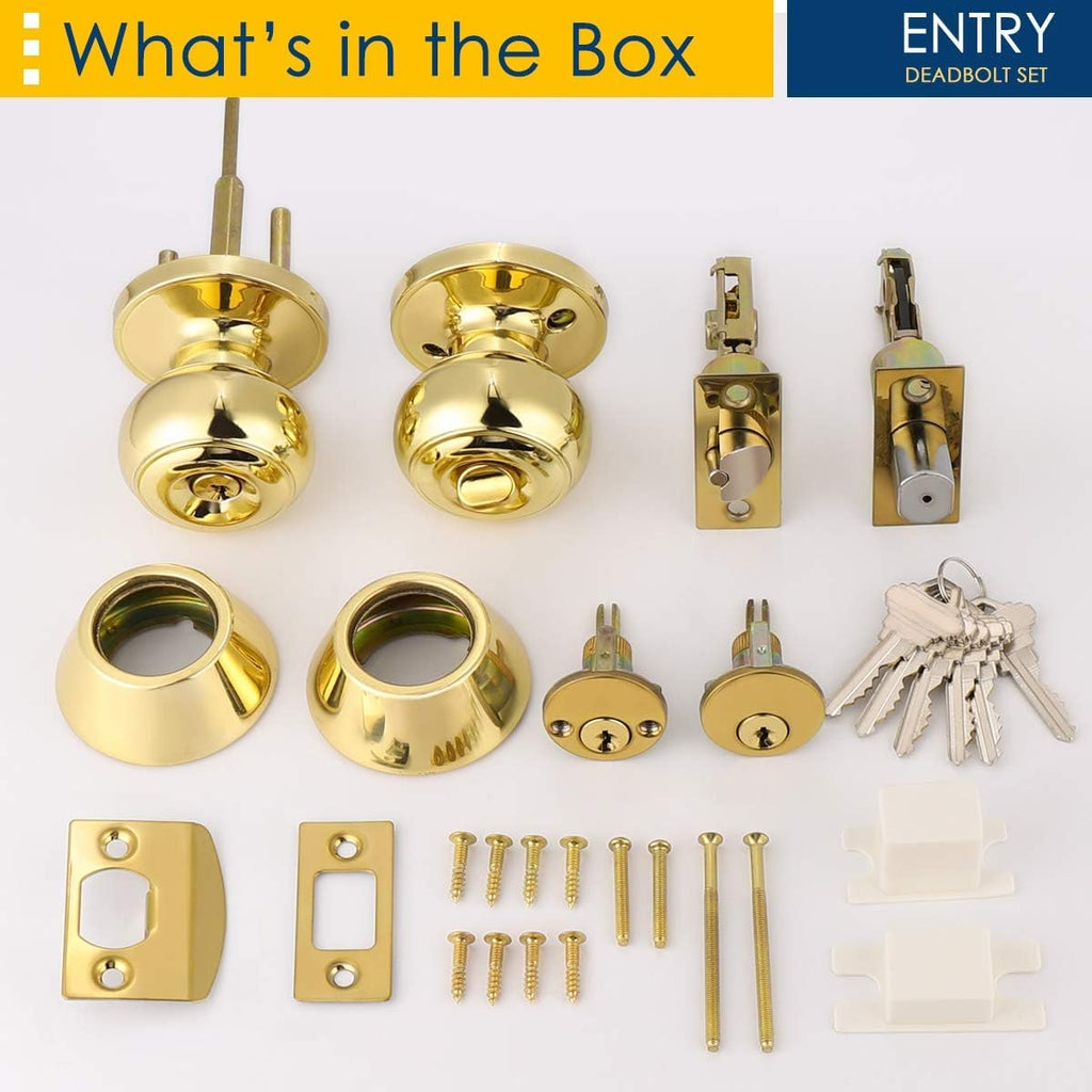 1 Pack Polished Brass Round Style Entry Door Knobs and Deadbolt Combination Set, Keyed Alike Double Cylinder Deadbolt
