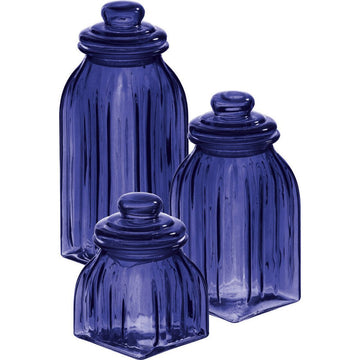 Navy Blue Glass Canister | Set of 3 Jars | Cereal Grain and Food Containers | Decorative Home Storage Décor and