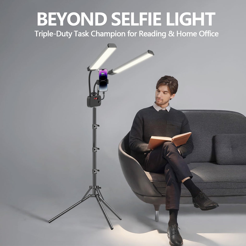 Selfie Light with 75'' Tripod Stand, Dimmable 3 Color LED Dual Arms Ring Light with Phone Holder & Carry Bag for Lash