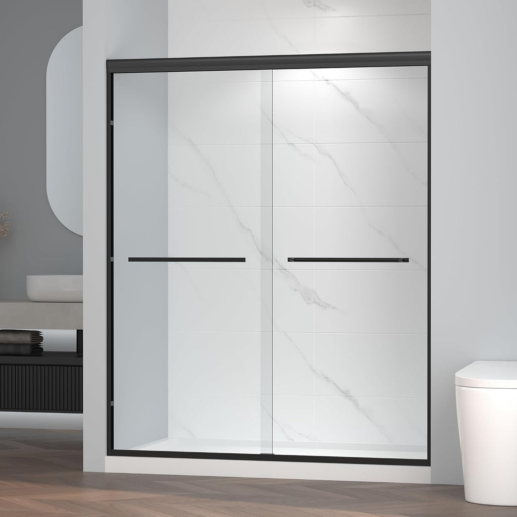 56-60" W x 72" H Semi-Frameless Bypass Sliding Shower Door, Easy-to-Clean Treated Clear Tempered Glass, Matte Black