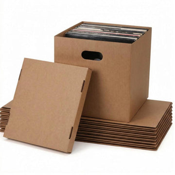 Vinyl Record Storage Boxes Set of 7, Brown Square Corrugated Moving Boxes Reinforced Handles with Removable Lid for