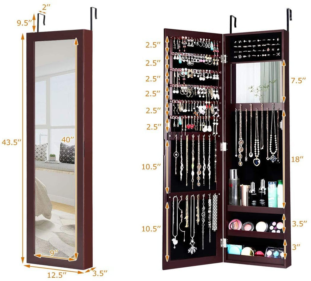 Jewelry Armoire, Over the Door/Wall Mounted, Jewelry Organizer with Full Length Mirror & Inside Makeup Mirror, Large